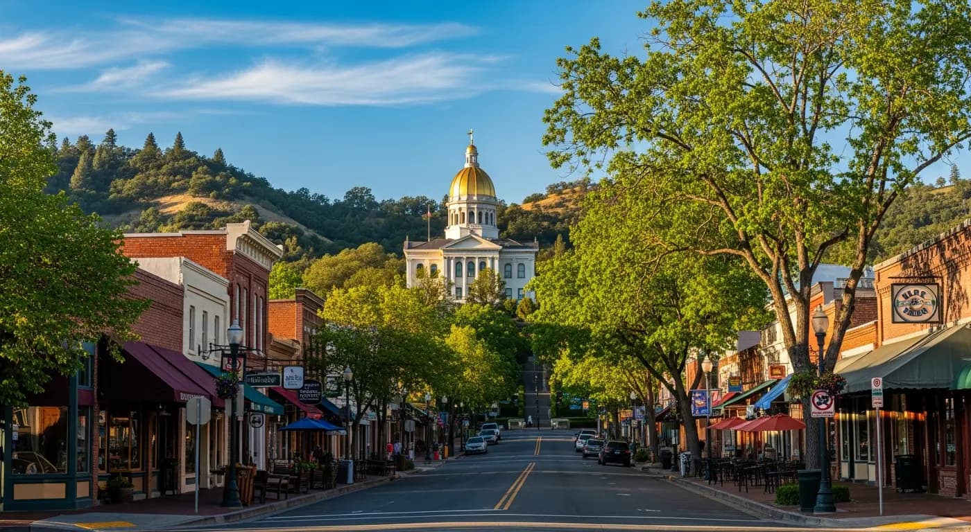 Historic Old Town Auburn California with gold courthouse, charming downtown, and Sierra foothill setting