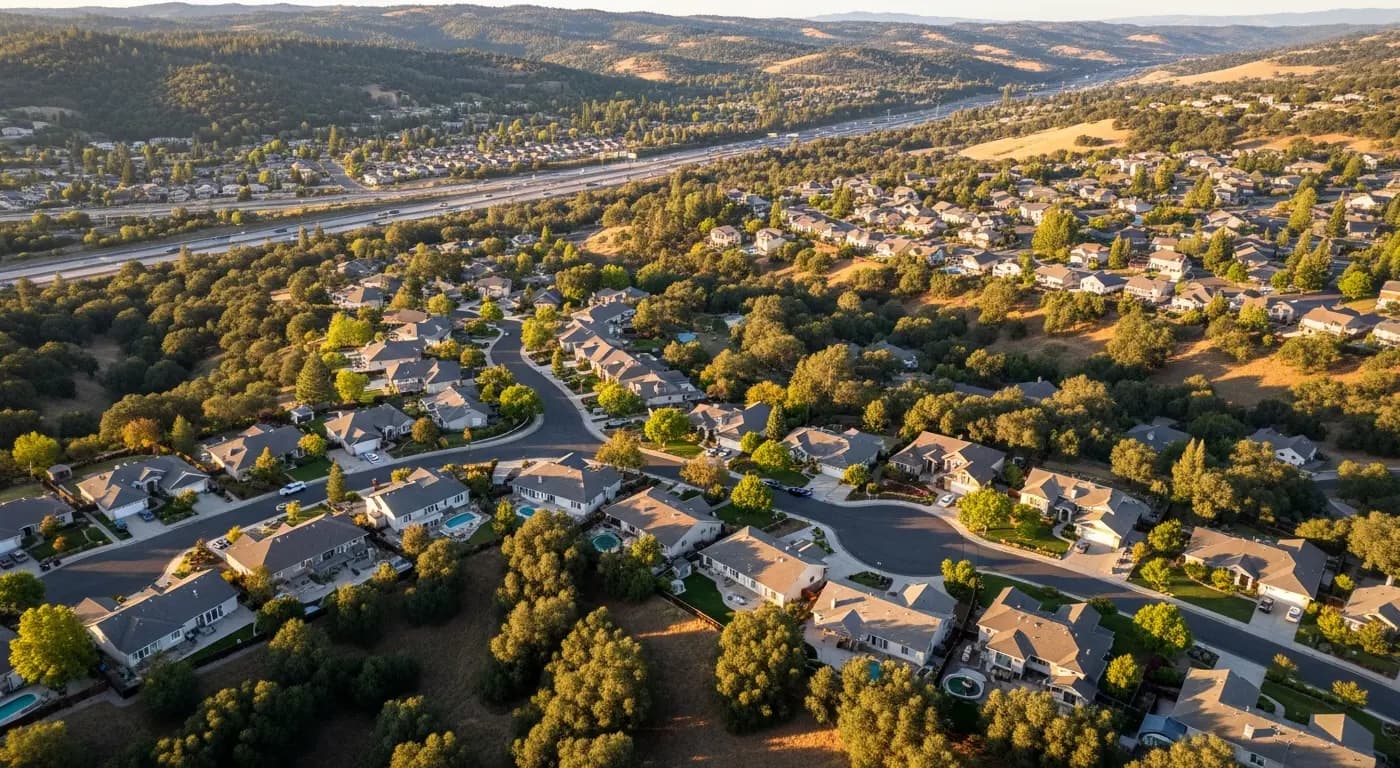 Cameron Park California residential neighborhood with oak-covered hills along Highway 50