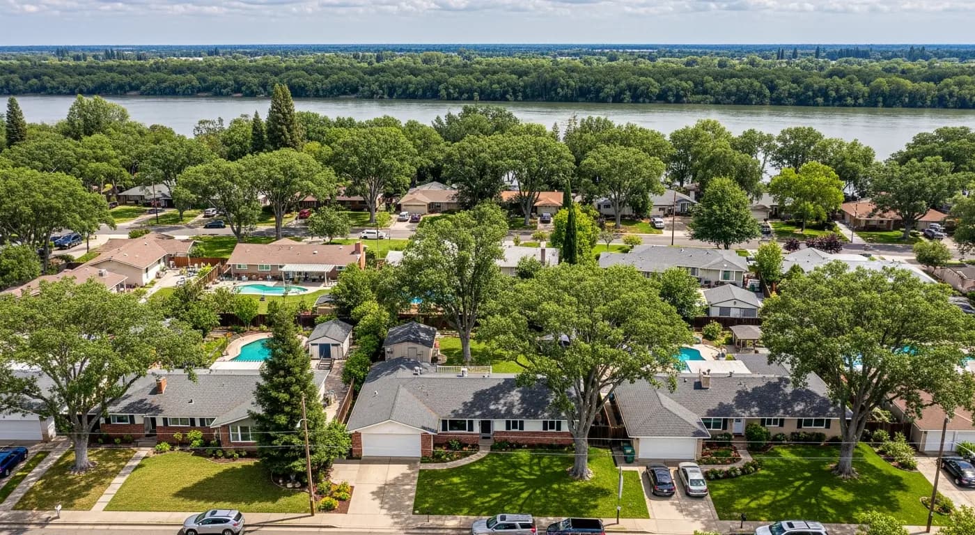 Carmichael California neighborhood along the American River with large oak trees and ranch homes