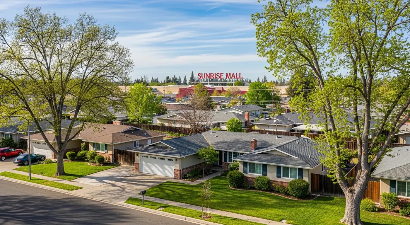 Citrus Heights California suburban neighborhood with mature trees and ranch-style homes