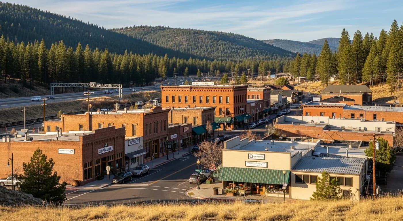 Small mountain town Colfax California along I-80 with historic railroad buildings and Sierra foothills