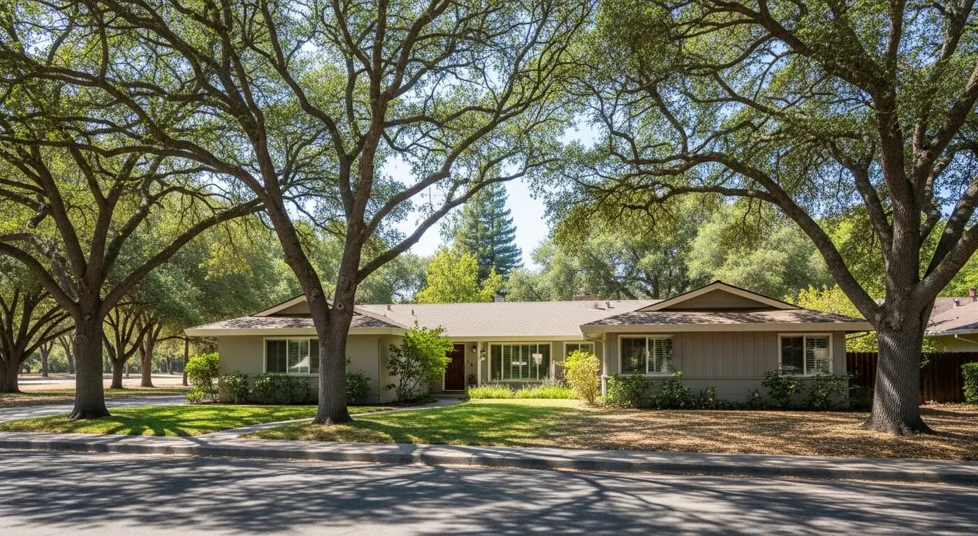 Fair Oaks California neighborhood with mature oak trees along the American River Parkway