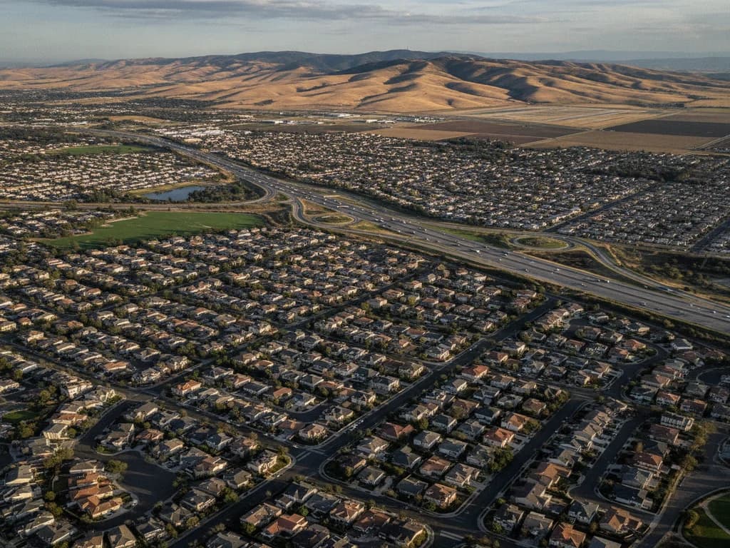 Aerial view of Fairfield California and the I-80 corridor near Travis Air Force Base in Solano County