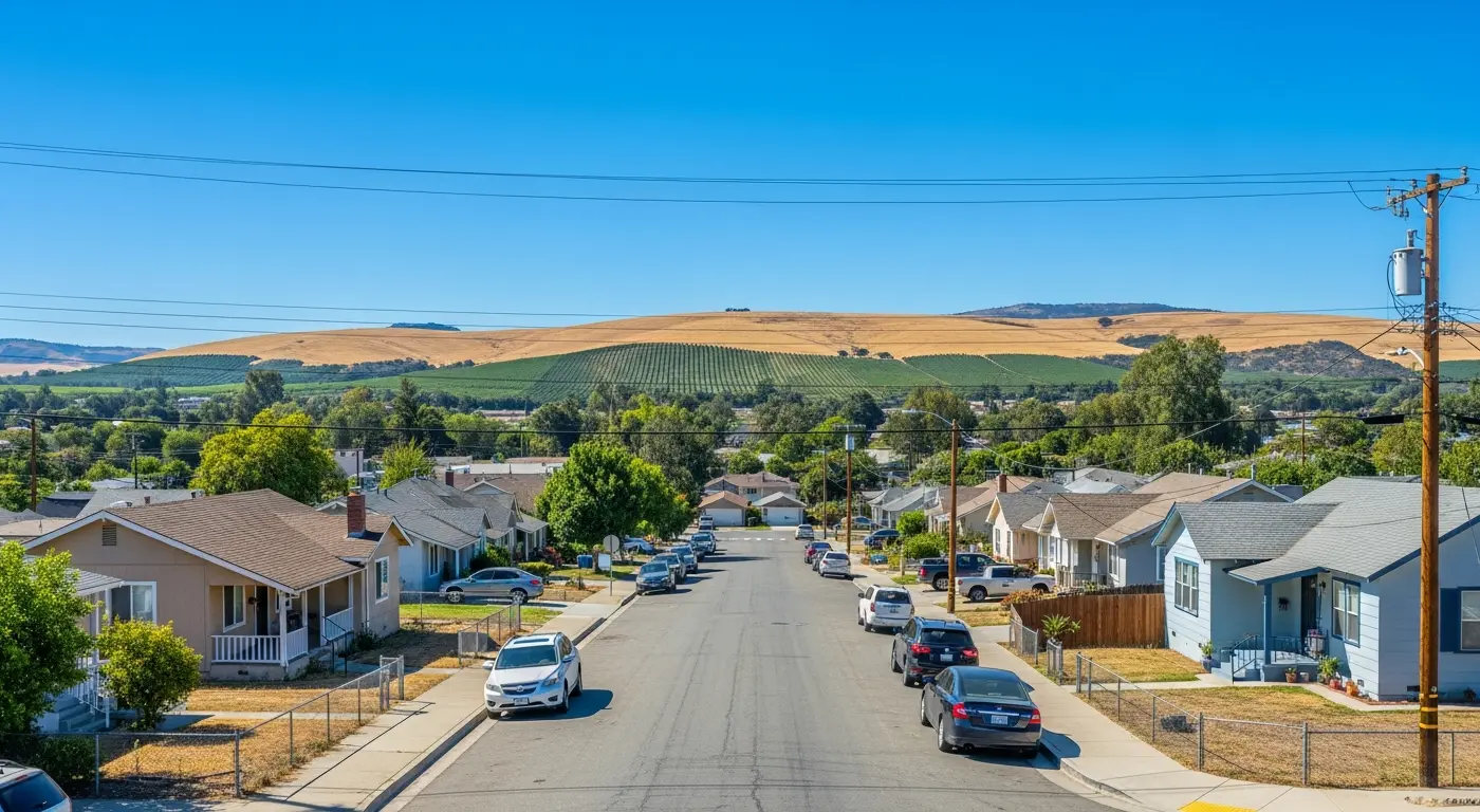 Freedom California residential street with homes along Freedom Boulevard and agricultural hills