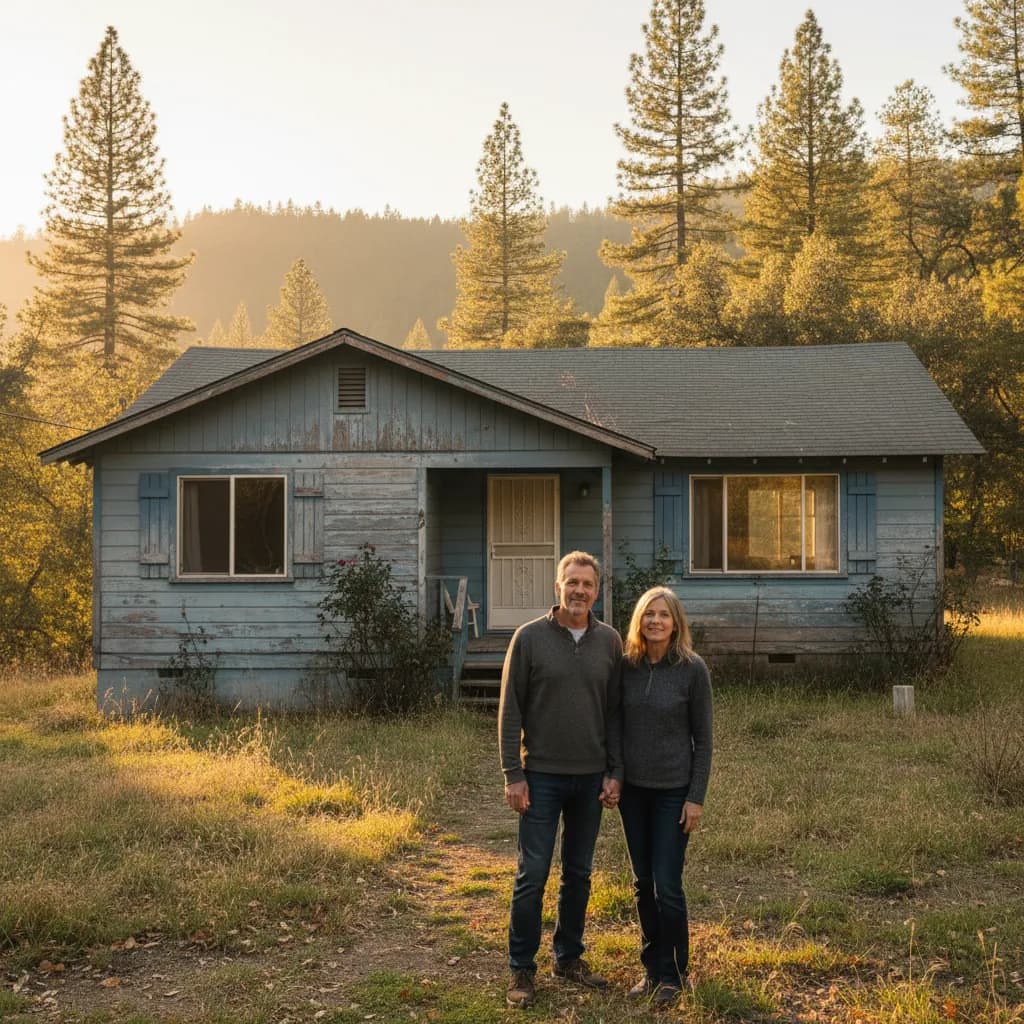 Relieved couple standing in front of their Grass Valley California home — Sierra Property Buyers makes selling fast and stress-free