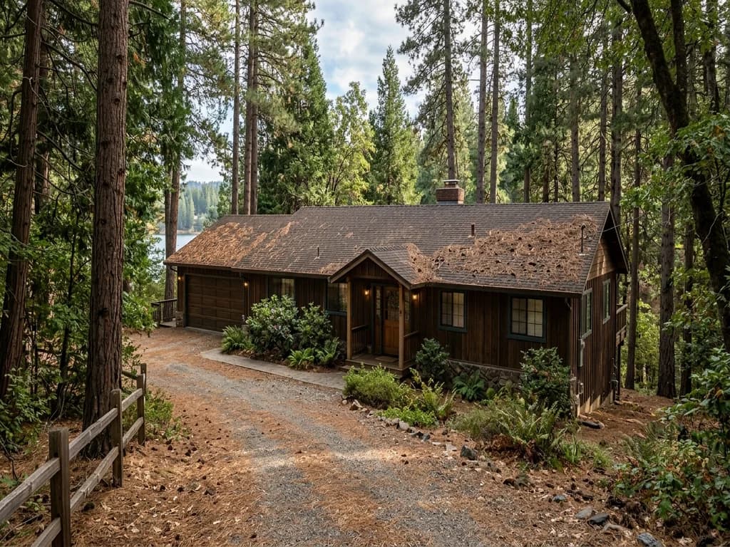 Wood-sided foothill home under tall pines with needle-covered roof — the defensible-space upkeep Lake of the Pines owners know well