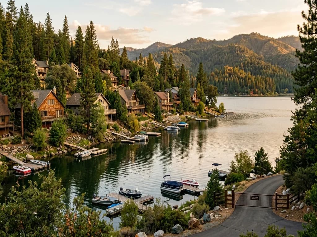 Gated Sierra foothill lake community with docks and wooded shoreline homes, like Lake of the Pines in Nevada County