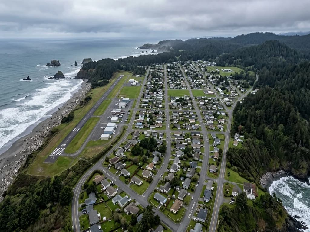 Aerial view of a McKinleyville-style coastal terrace community with a small airstrip between the Pacific and forested hills