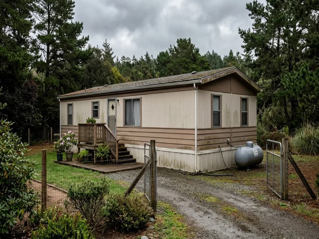 Older manufactured home on a rural McKinleyville area parcel with propane tank and gravel drive — we buy converted or not