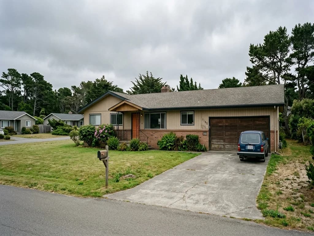 Single-story ranch home on a flat coastal terrace lot in McKinleyville California under an overcast marine sky