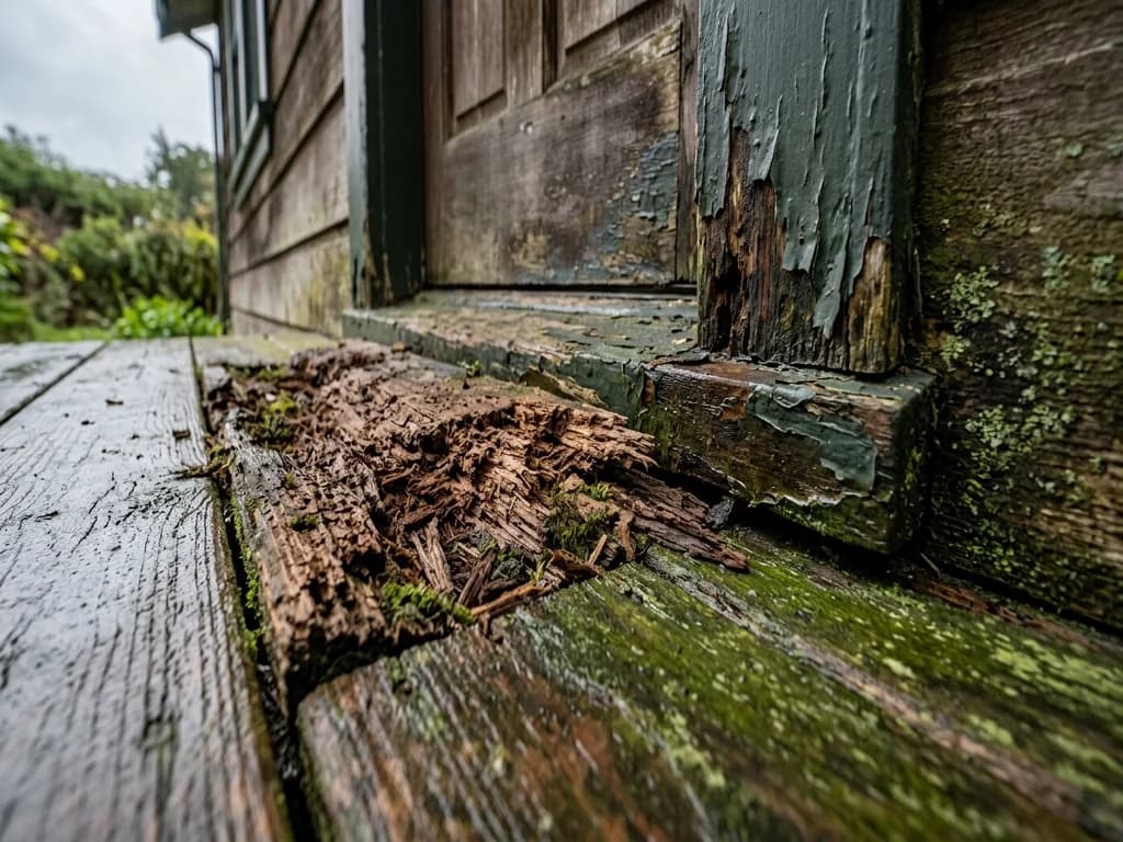 Dry rot in deck boards and door trim on a North Coast home — the marine-climate wear common around McKinleyville
