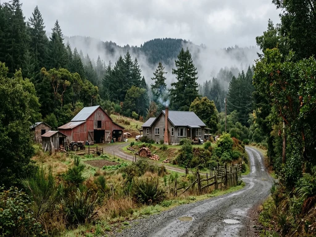 Rural property with barn and outbuildings on a private gravel road in the foggy hills behind McKinleyville California