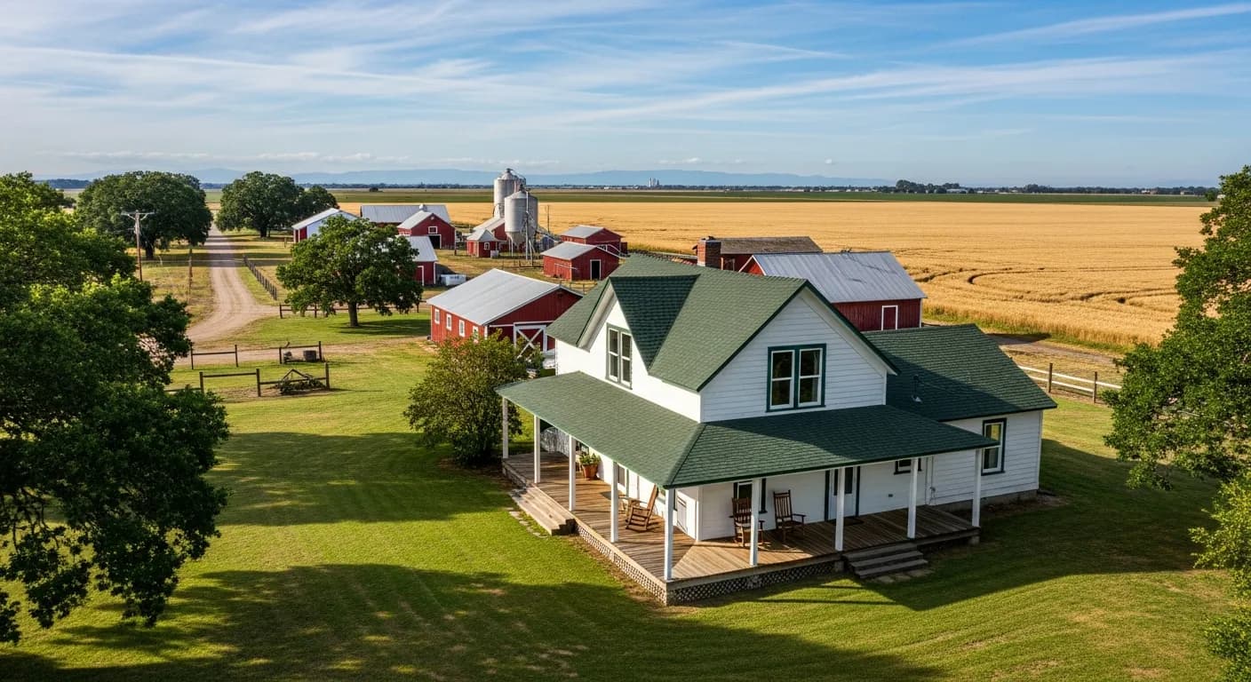 Farmhouse with outbuildings in Meridian California Sacramento Valley agricultural area