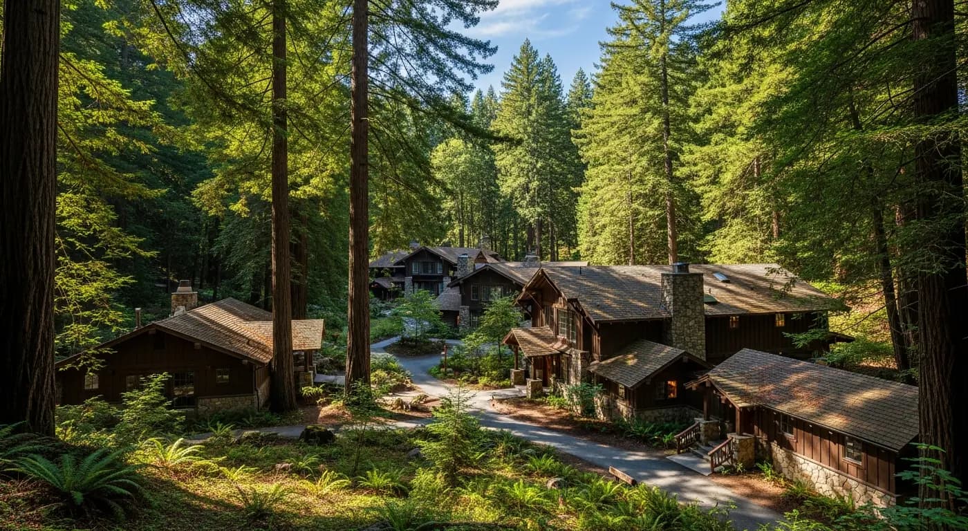 Mount Hermon California redwood conference community with tall trees and lodge-style buildings