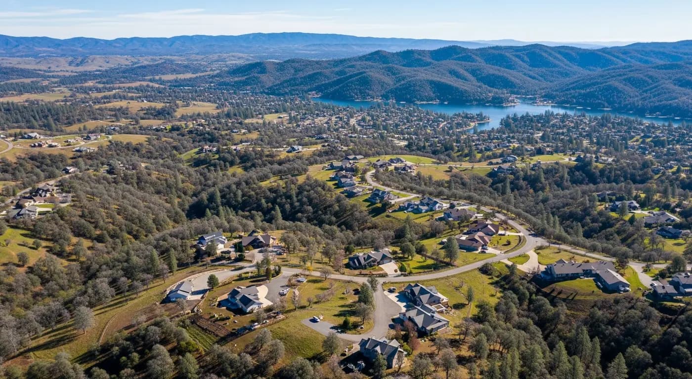 Aerial view of Penn Valley California with rolling oak-covered foothills and rural homes in Nevada County