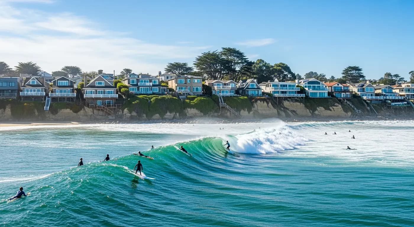 Surfers at Pleasure Point Santa Cruz with beach cottages along East Cliff Drive bluff