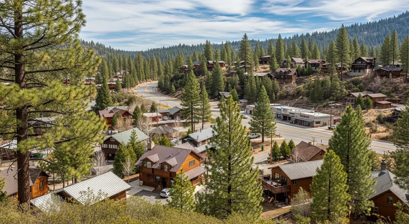 Pollock Pines California mountain community along Highway 50 with pine trees and foothill homes
