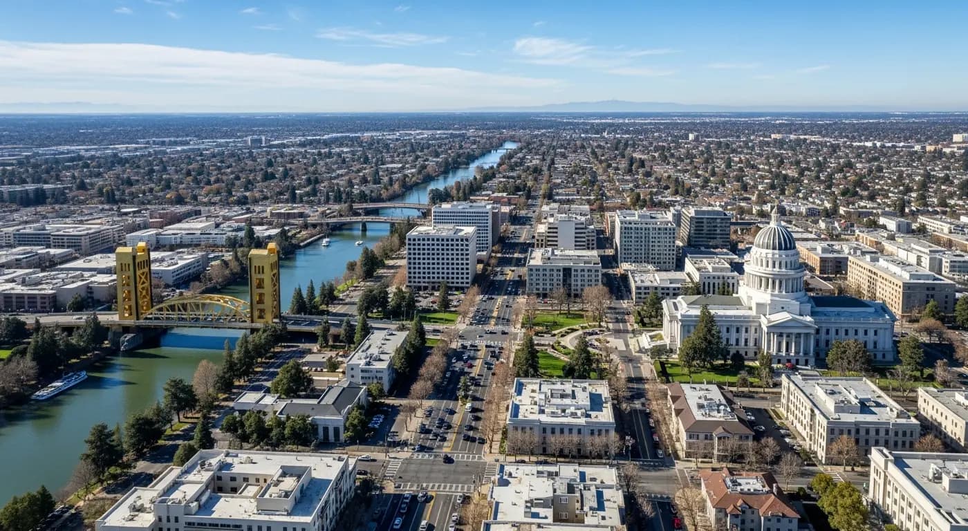 Aerial view of Sacramento California with State Capitol, Tower Bridge, and neighborhoods