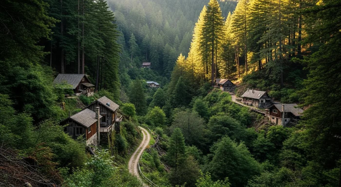 Remote mountain cabin community deep in the redwood forest — Lompico California