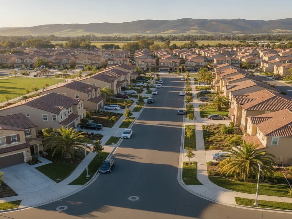 Newer Suisun City California neighborhood with single-family homes near Fairfield in Solano County
