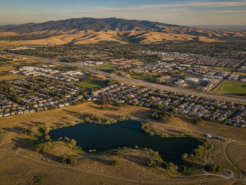 Aerial view of Vacaville California along the I-80 corridor with the Vaca Mountains and Lagoon Valley