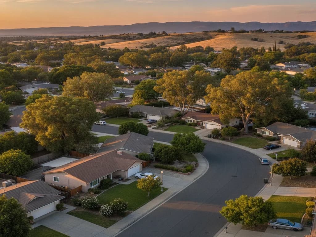 Vacaville California residential neighborhood with ranch-style homes and mature trees in Solano County
