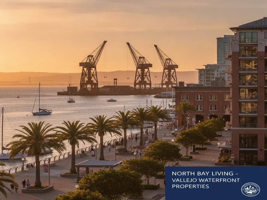 Vallejo California waterfront with the historic Mare Island shipyard and San Pablo Bay in Solano County