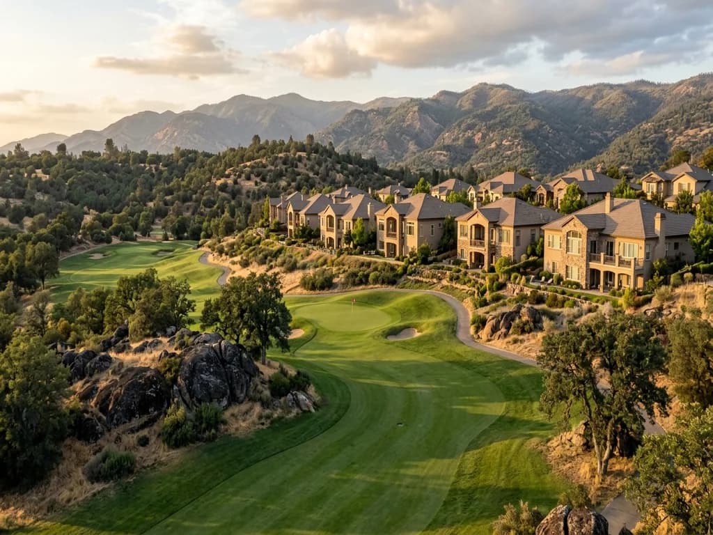 Fairway winding between granite outcrops and oaks below ridgeline homes in a Whitney Oaks-style Rocklin golf community
