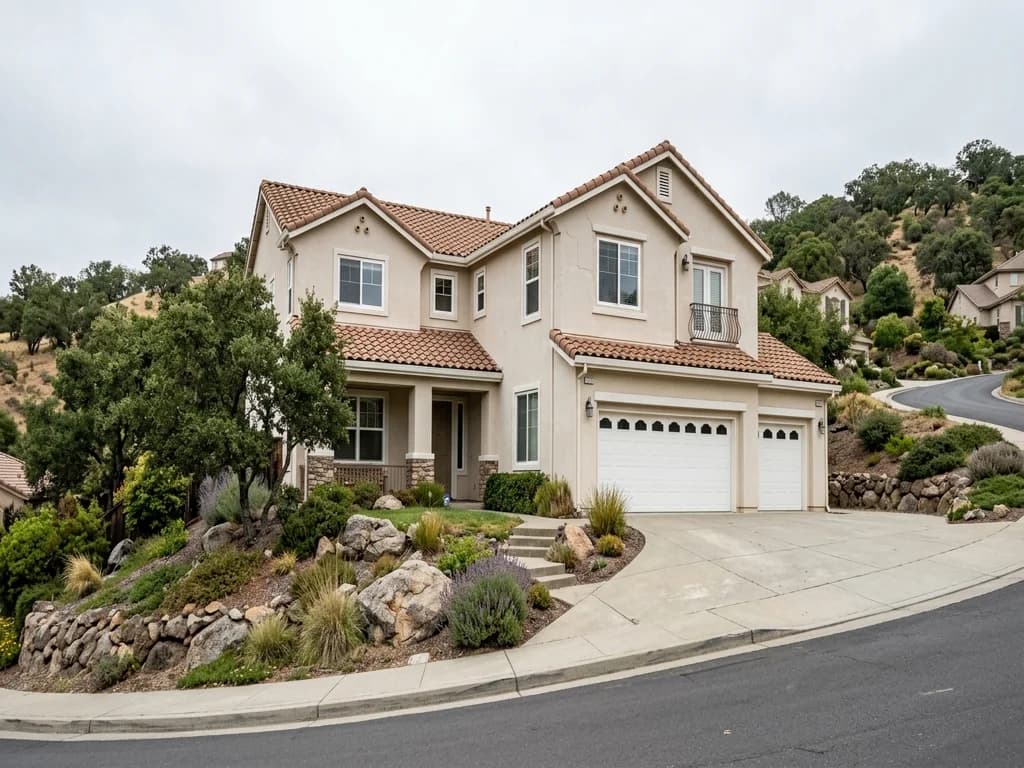 Early-2000s stucco and tile-roof home on a hillside lot with granite boulders — the Whitney Oaks housing stock we buy as-is